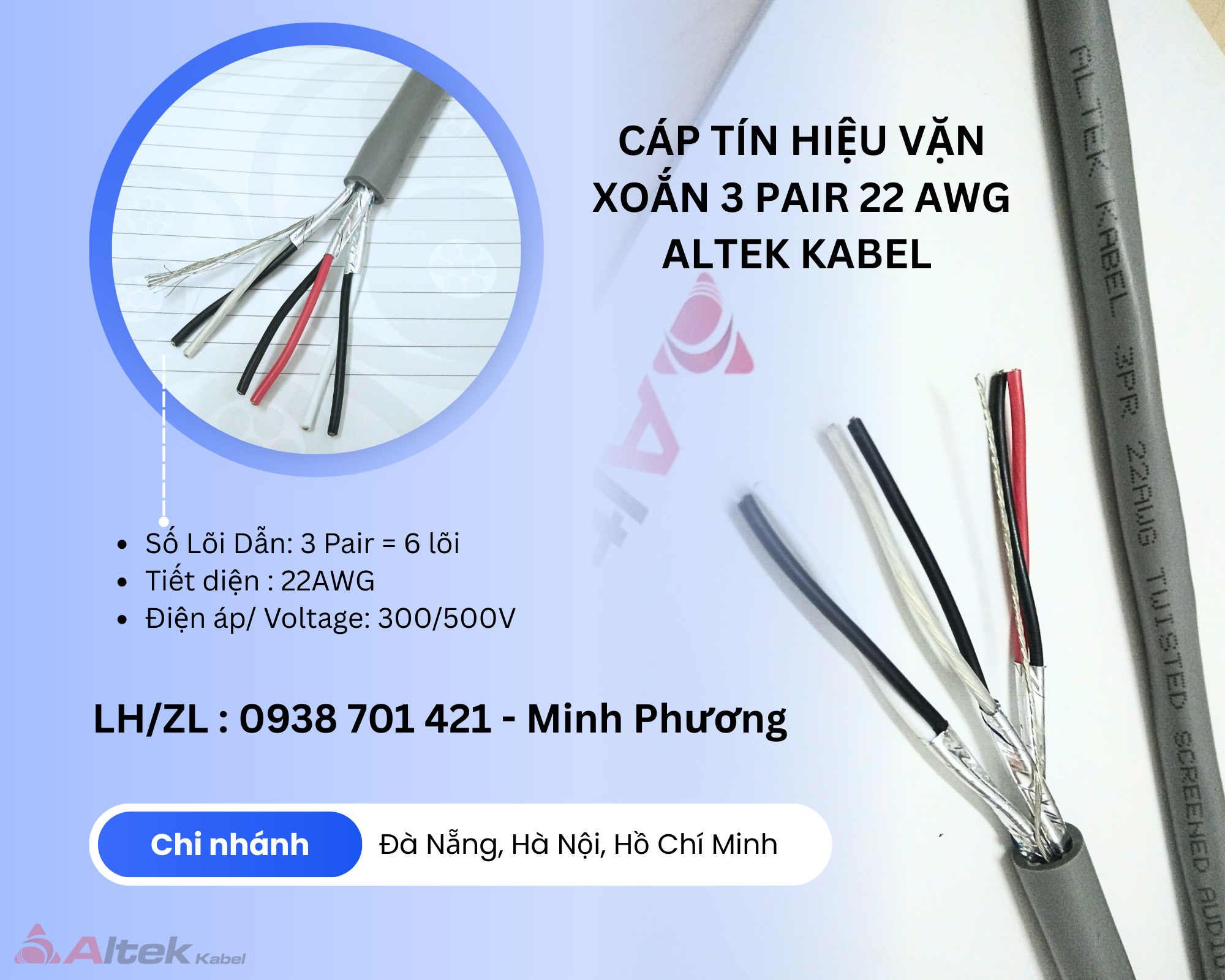 Cáp tín hiệu vặn xoắn 3 pair 22 awg Altek Kabel Đà Nẵng, Bình Định, Phú Yên
